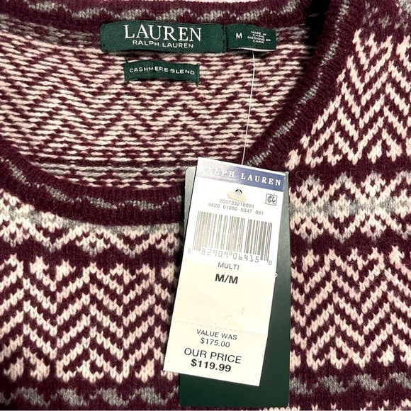 Lauren Ralph Lauren Fair Isle Knit Dress Cashmere Blend Burgundy Gray Cream Sz M - Picture 9 of 14